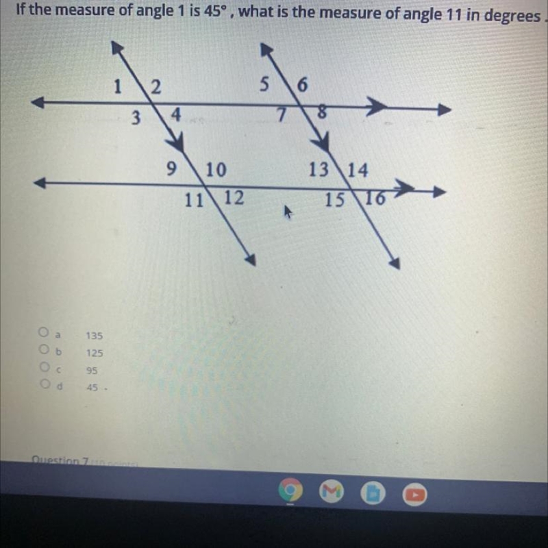 If the measure of angle 1 is 45°, what is the measure of angle 11 in degrees.-example-1