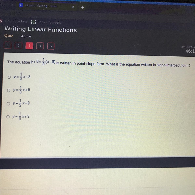 The equation y+6=1/3(x-9) is written in point- slope form. What is the equation written-example-1