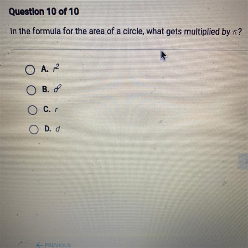 In the formula for the area of a circle, what gets multiplied by r?-example-1