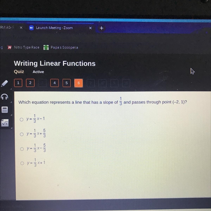 Which equation represents a line that has a slope of 1/3 and passed through point-example-1