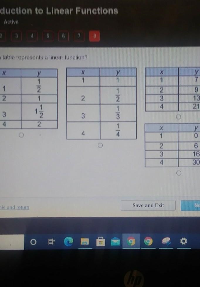 Which table represents a linear function? Y X y 7 1 XEM 1 N N 9 13 21 Ž 3 -- 4 2 4 O-example-1