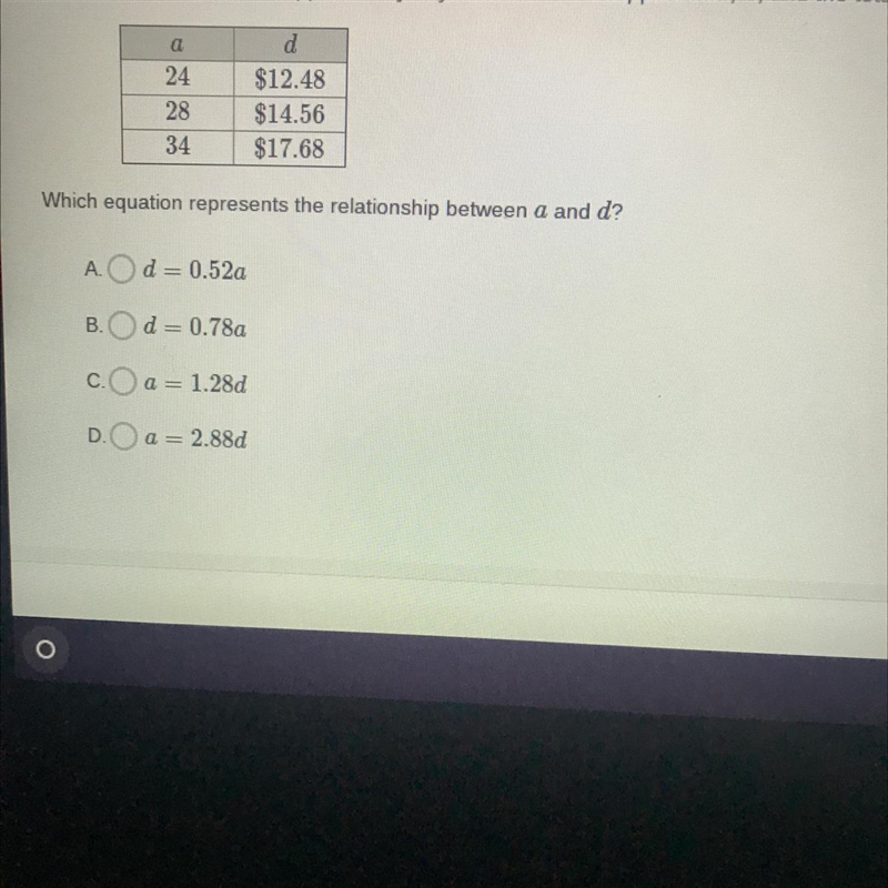 ⚠️ANSWER NEEDED FASTT⚠️ Which equation represents the relationship between a and d-example-1