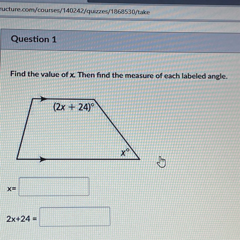 Find the value of x. Then find the measure of each labeled angle. (2x + 24) (In picture-example-1