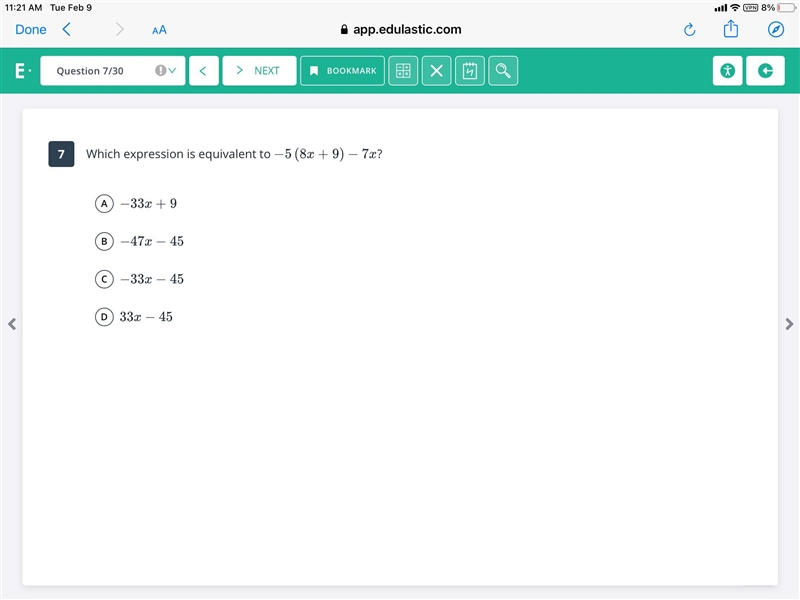 Which expression is equivalent to − 5 ( 8 x + 9 ) − 7 x?-example-1