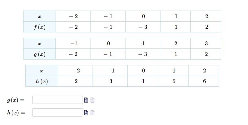 Tabular representations for the functions f, g, and h are given below. Write g(x) and-example-1