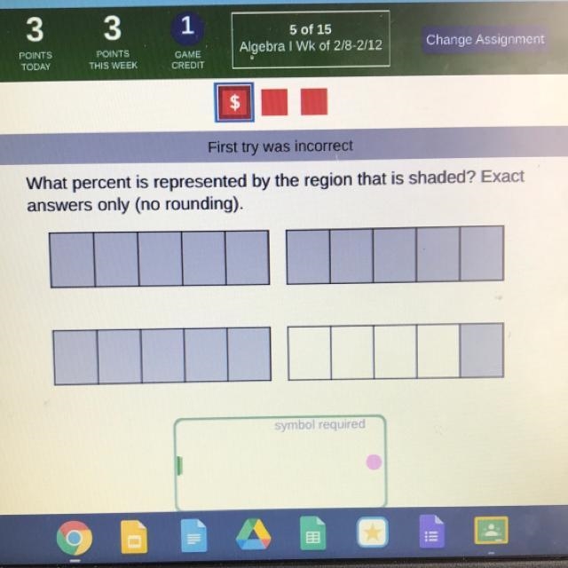 What percent is represented by the region that is shaded? Exact answers only (no rounding-example-1