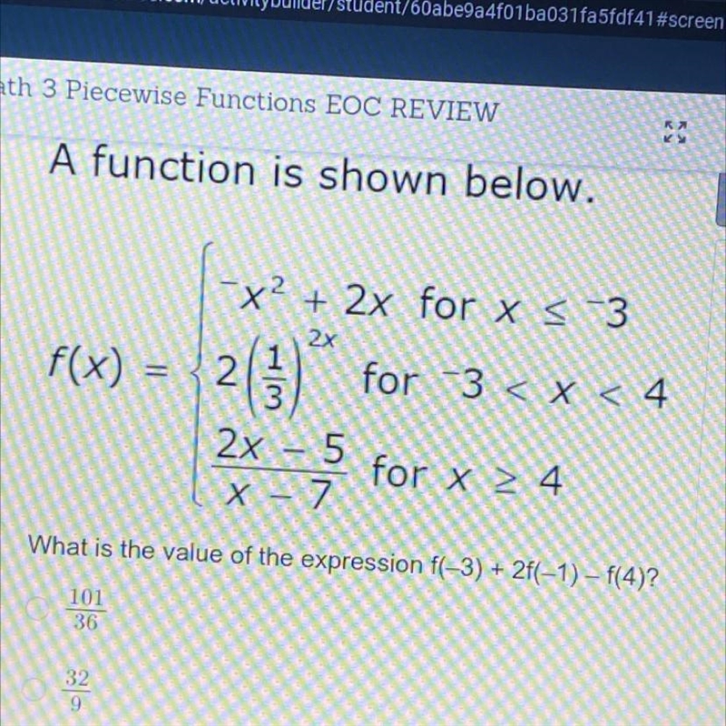 What is the value of the expression f(-3) + 2f(-1) - f (4) PLEASE HELP NO LINKS-example-1