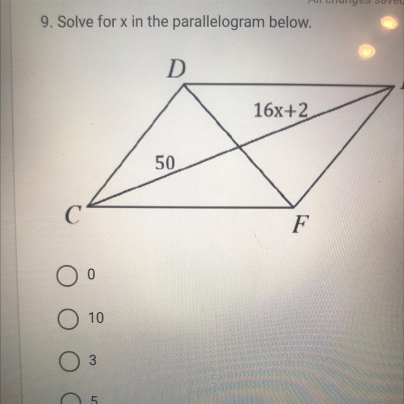 9. Solve for x in the parallelogram below. D E 16x+2 50 с F Oo 10 O 3 05-example-1