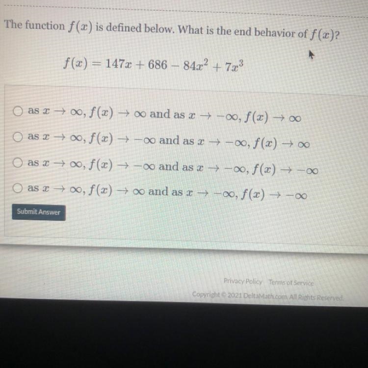 The function f(x) is defined below. What is the end behavior of f(x)?-example-1