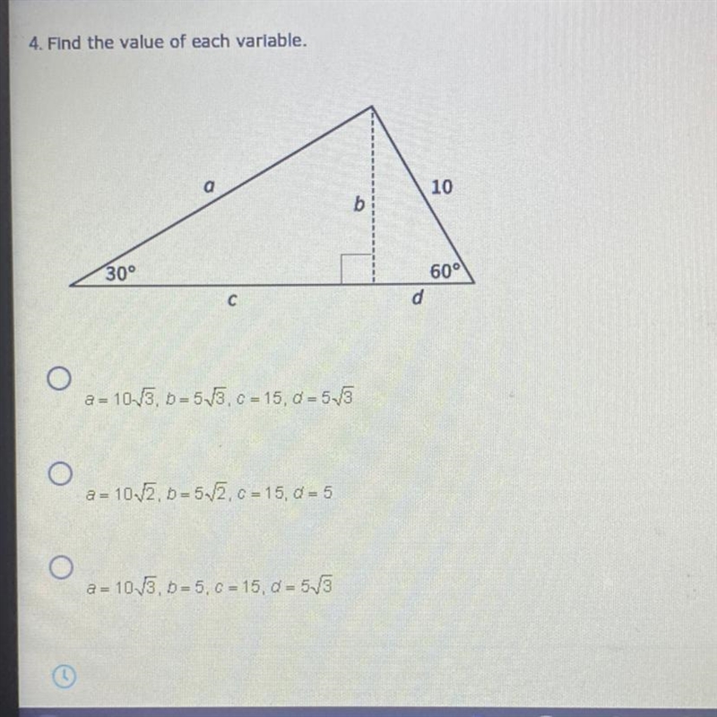 4. Find the value of each variable. a 10 b 30° 60° d C-example-1