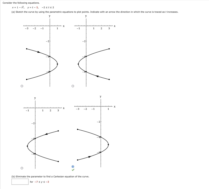 Consider the following equations. x = 1 − t^2, y = t − 5, −2 ≤ t ≤ 2 Eliminate the-example-1