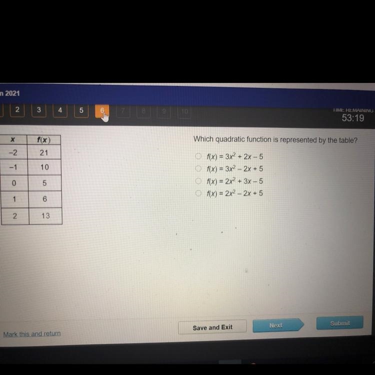 Х fx Which quadratic function is represented by the table? -2 21 -1 10 Of(x) = 3x-example-1