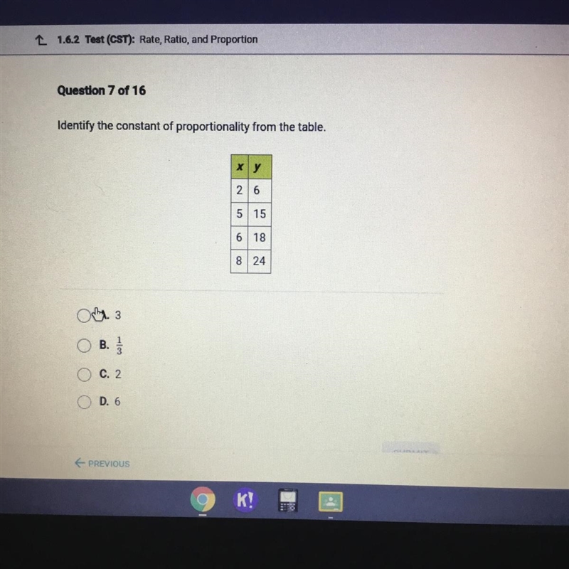 Identify the constant of proportionality from the table. 26 5 15 6 18 8 24 C. 2 D-example-1