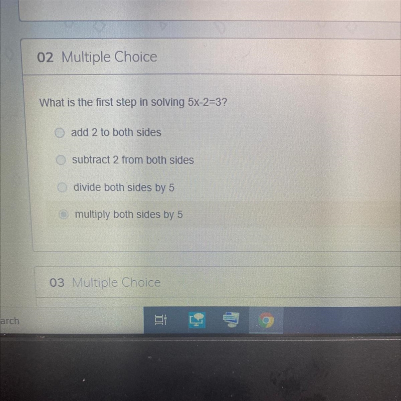 What is the first step in solving 5x-2=3-example-1