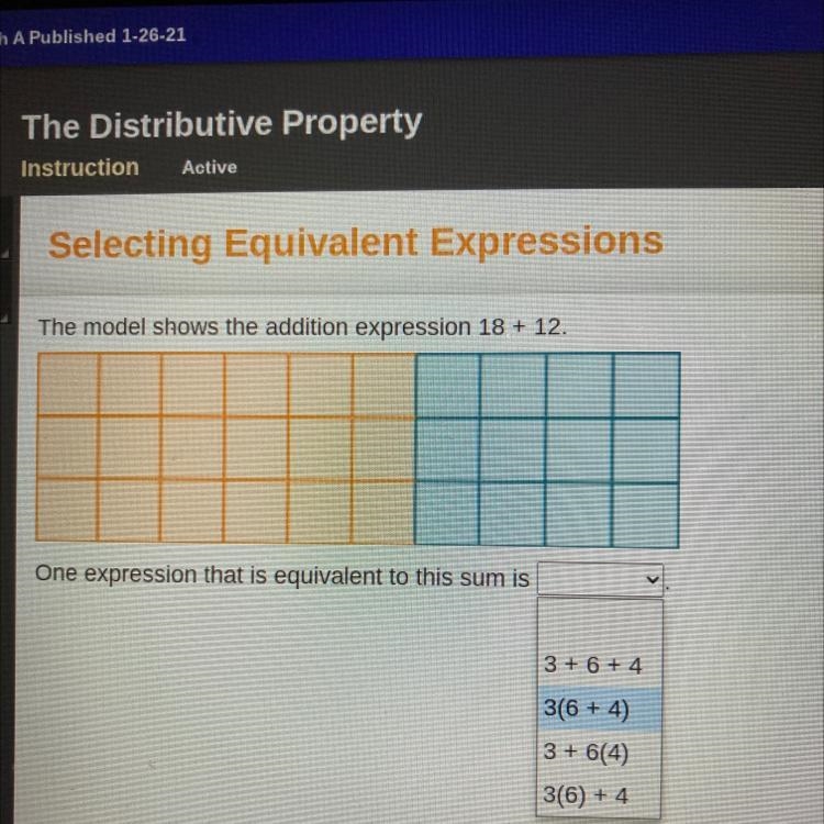 TIMED The model shows the addition expression 18 + 12 One expression that is equivalent-example-1