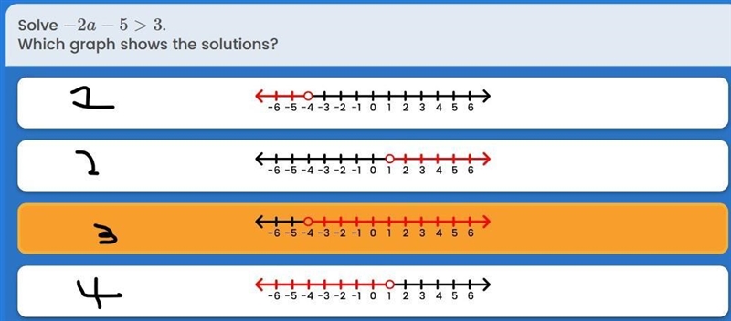 Solve -2a -5 >3 which graph shows the solutions?-example-1