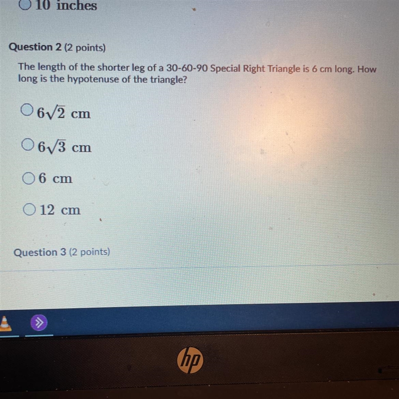 The length of the shorter leg of a 30-60-90 Special Right Triangle is 6 cm long. How-example-1