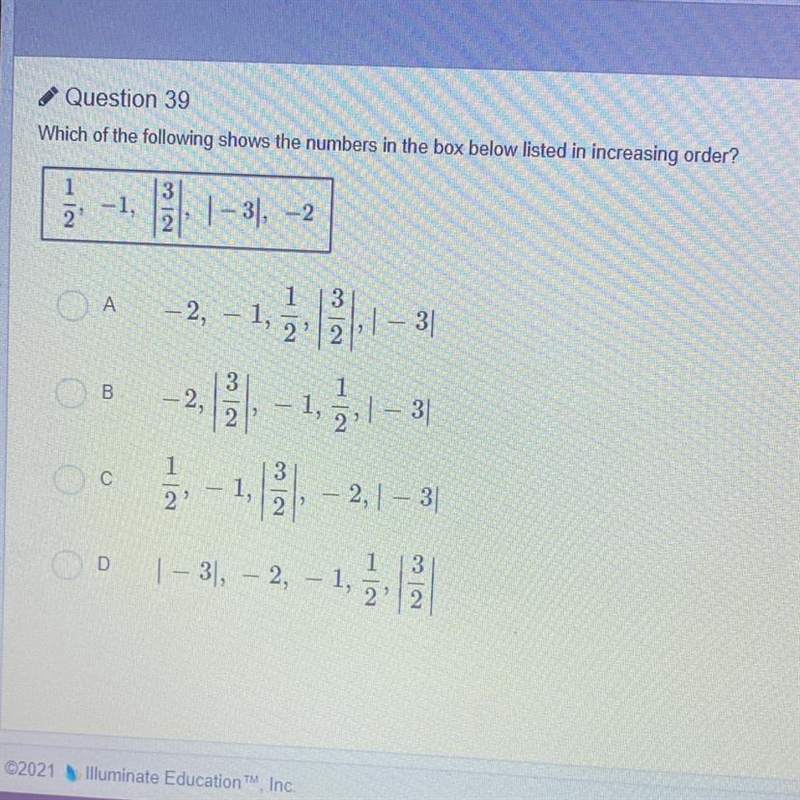 Which of the following shows the numbers in the box shown below listed in the increasing-example-1