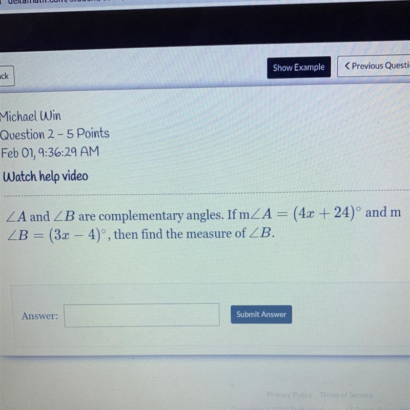 A and B are complementary angles. If m A = (4x + 24) and m ZB = (3x – 4)º, then find-example-1