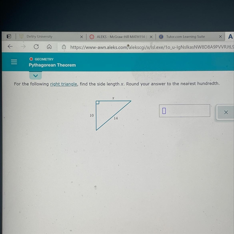 For the following right triangle, find the side length x. Round your answer to the-example-1