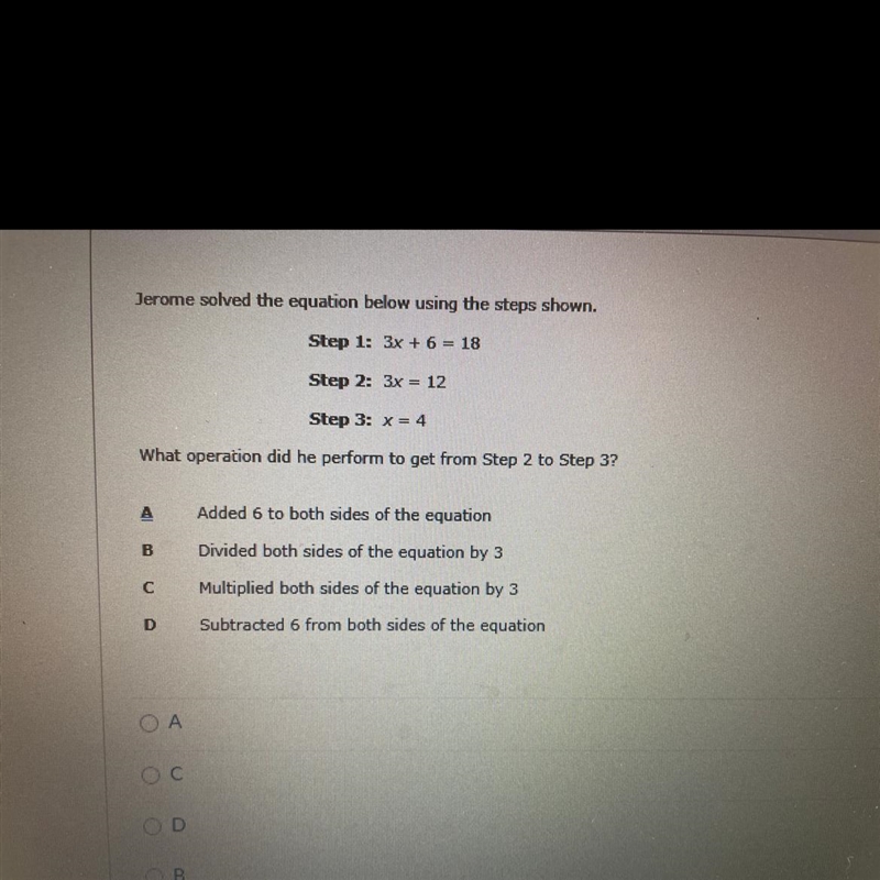 Jerome solved the equation below using the steps shown. Step 1: 3x + 6 = 18 step 2: 3x-example-1