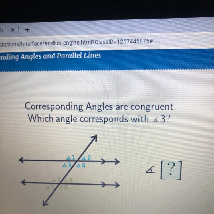 Corresponding Angles are congruent. Which angle corresponds with 4 3? em 41 42 43 44 «[?] 448 56-example-1