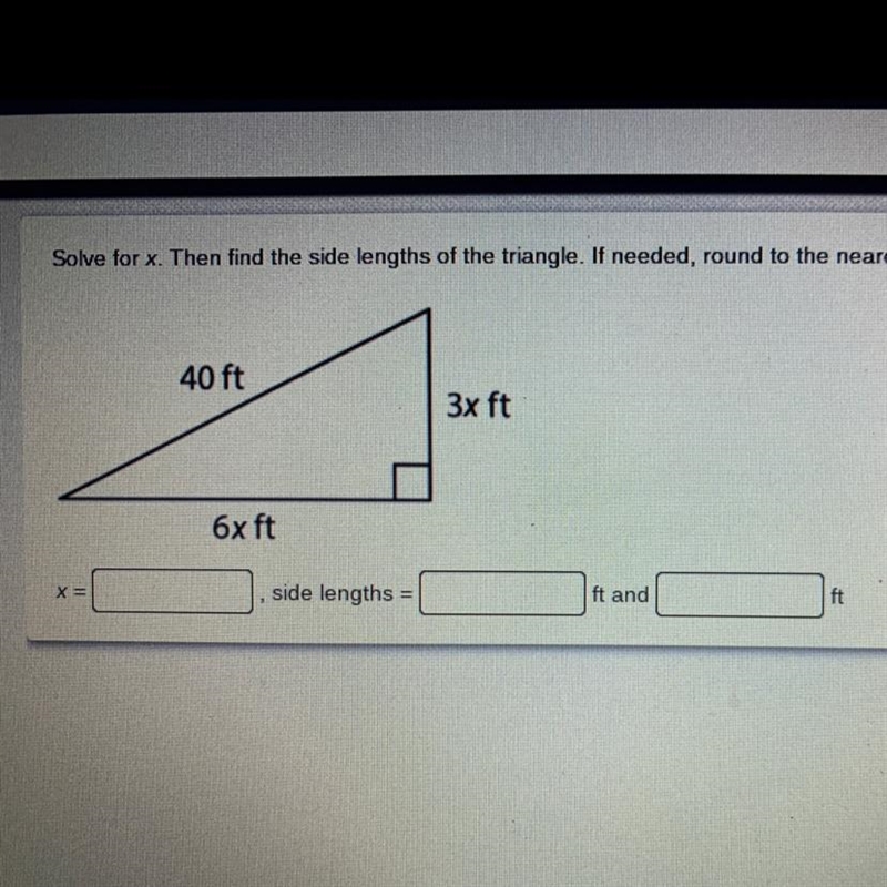 Solve for x. Then find the side lengths of the triangle. If needed, round to the nearest-example-1