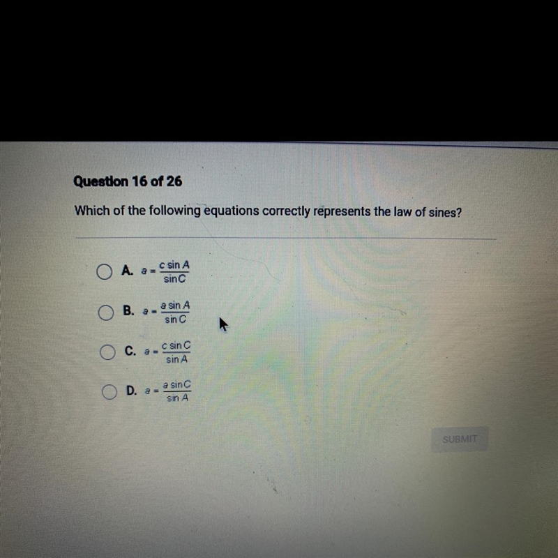 Which of the following equations correctly represents the law of sines?-example-1