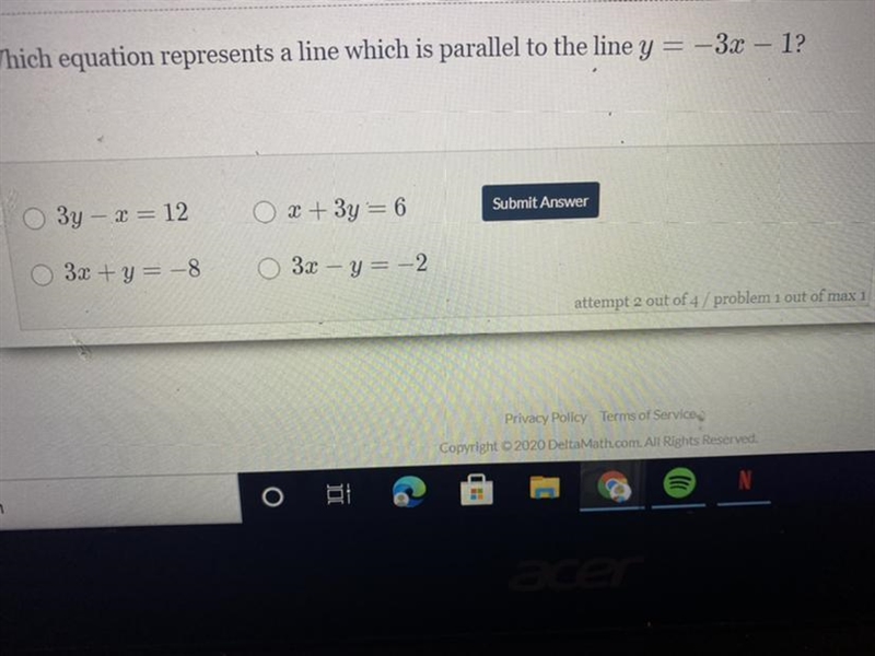 Which equation represents a line which is parallel to the line y = -3x – 1 ?-example-1