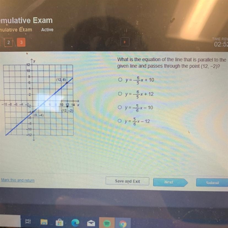 12 What is the equation of the line that is parallel to the given line and passes-example-1