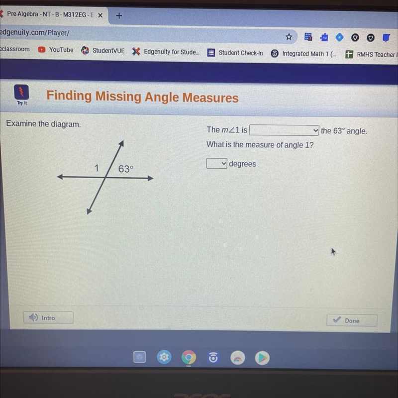 Examine the diagram. The mZ1 is the 63° angle. What is the measure of angle 1? v degrees-example-1