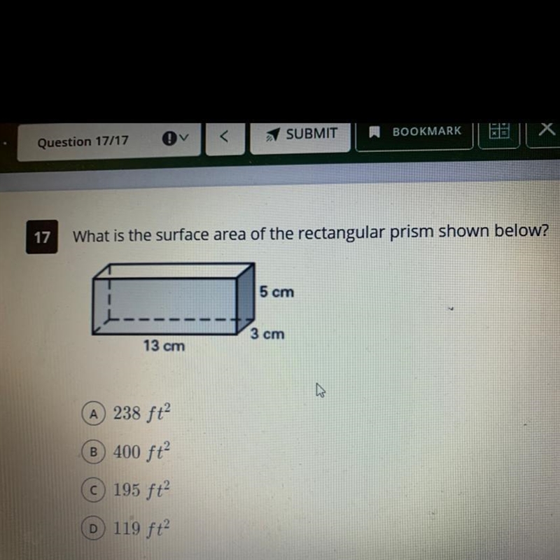 What is the surface area of the rectangular prism shown below? 5 cm 3 cm 13 cm R A-example-1