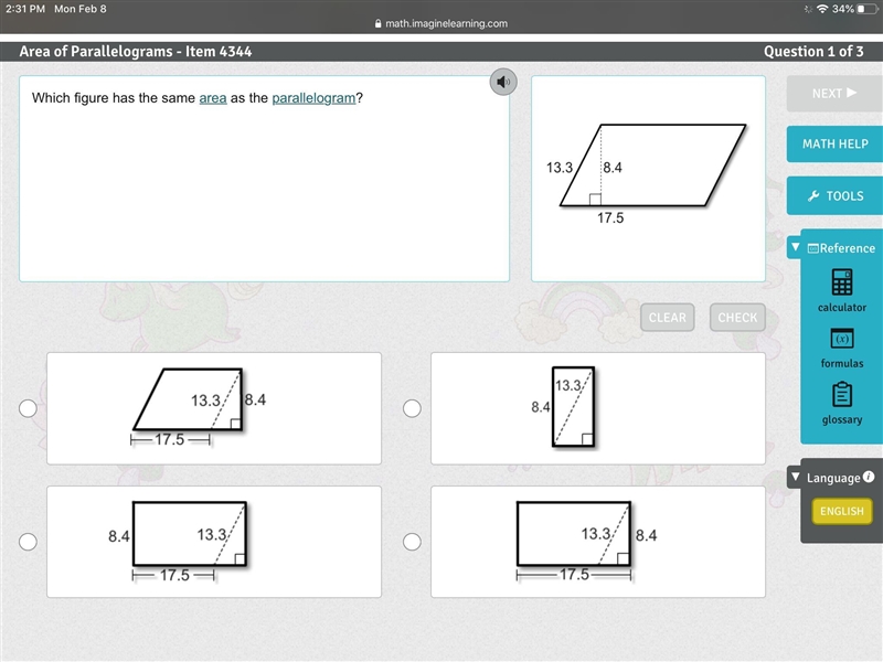 Which figure has the same area as the parallelogram?-example-1