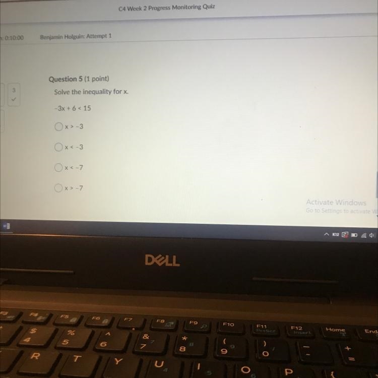 Question 5 (1 point) Solve the inequality for x. - 3x + 6 < 15 Ox>-3 Ox<-3 0x-example-1