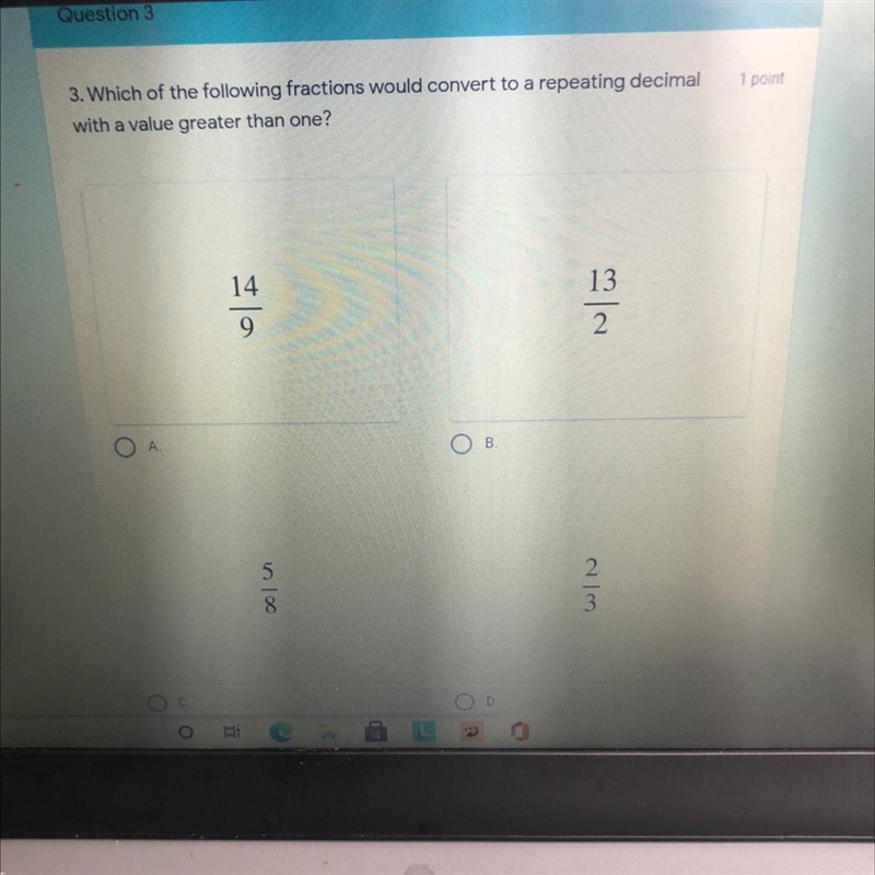 Pls help!!! Which of the following fractions would convert to a repeating decimal-example-1