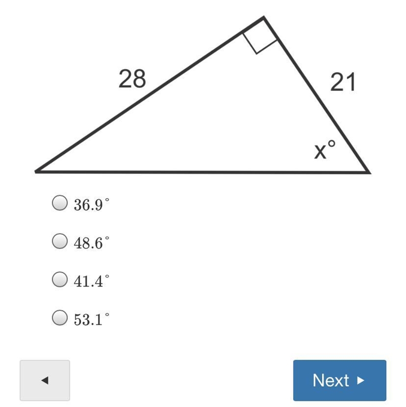 What is the measure of angle x? Round to the nearest tenth. . 28 21 xº-example-1