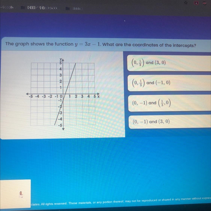 The graph shows the function y = 3.3 - 1. What are the coordinates of the intercepts-example-1