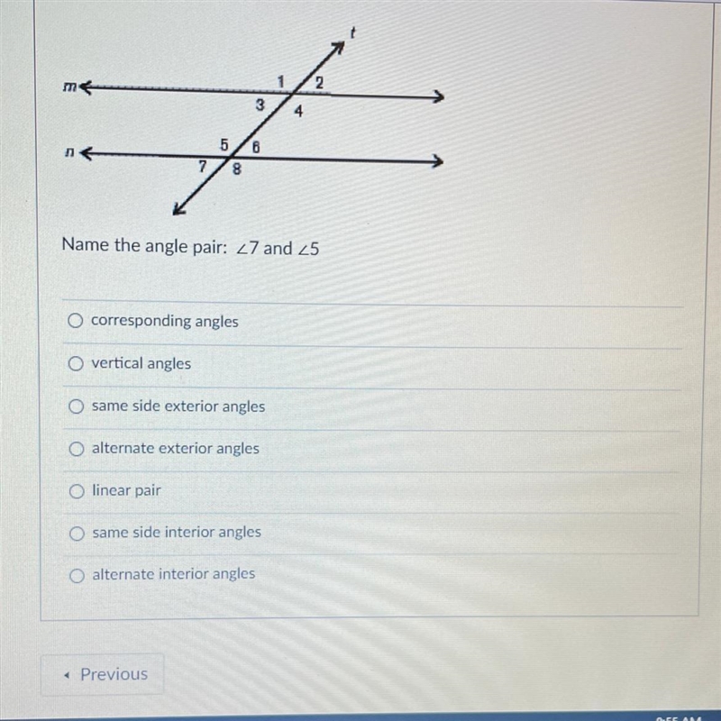 Question 6, name the angle pairs 7 and 5 ( in picture)-example-1