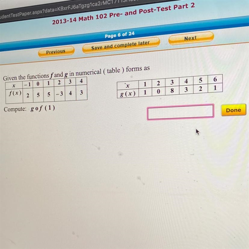 X Given the functions f and g in numerical (table ) forms as -1 0 1 23 4 f(x) x 1 2 5 5 3 4 3 g-example-1