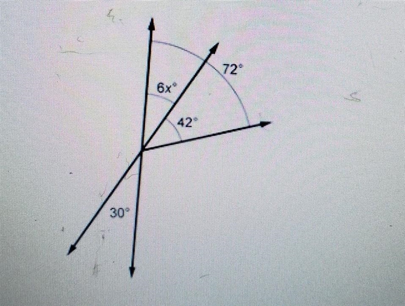 Find the value of x and the measure of the angle labeled 6x”. 72° 6x" 42° 30° A-example-1