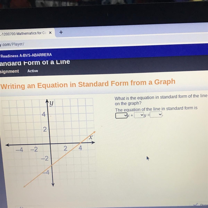 Y What is the equation in standard form of the line shown on the graph? The equation-example-1