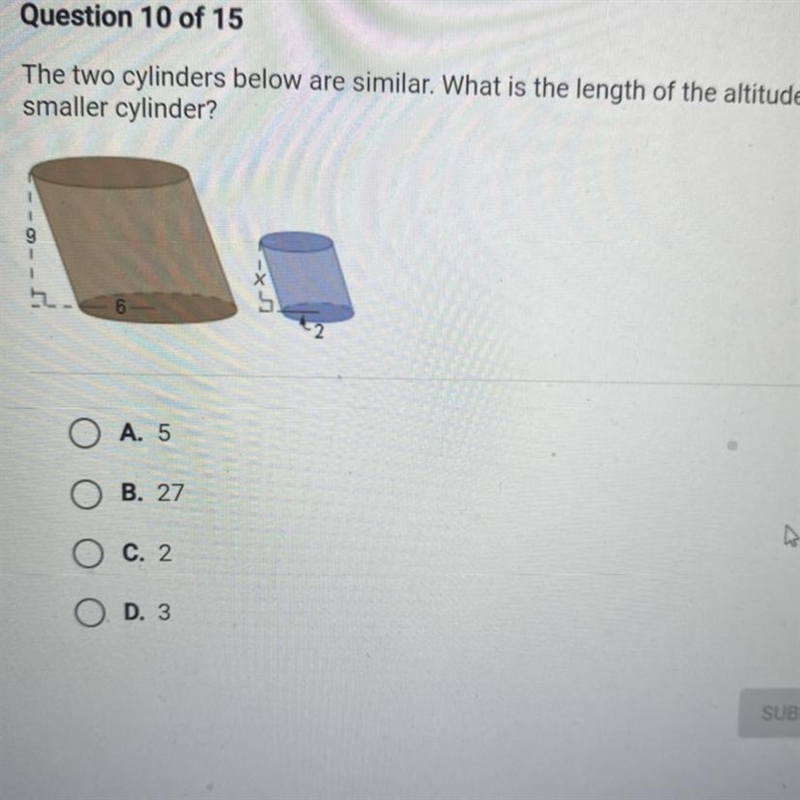 The two cylinders below are similar. What is the length of the altitude of the smaller-example-1