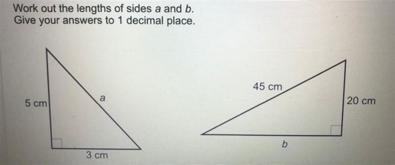 Work out the lengths of sides a and b. Give your answers to 1 decimal place. 45 cm-example-1