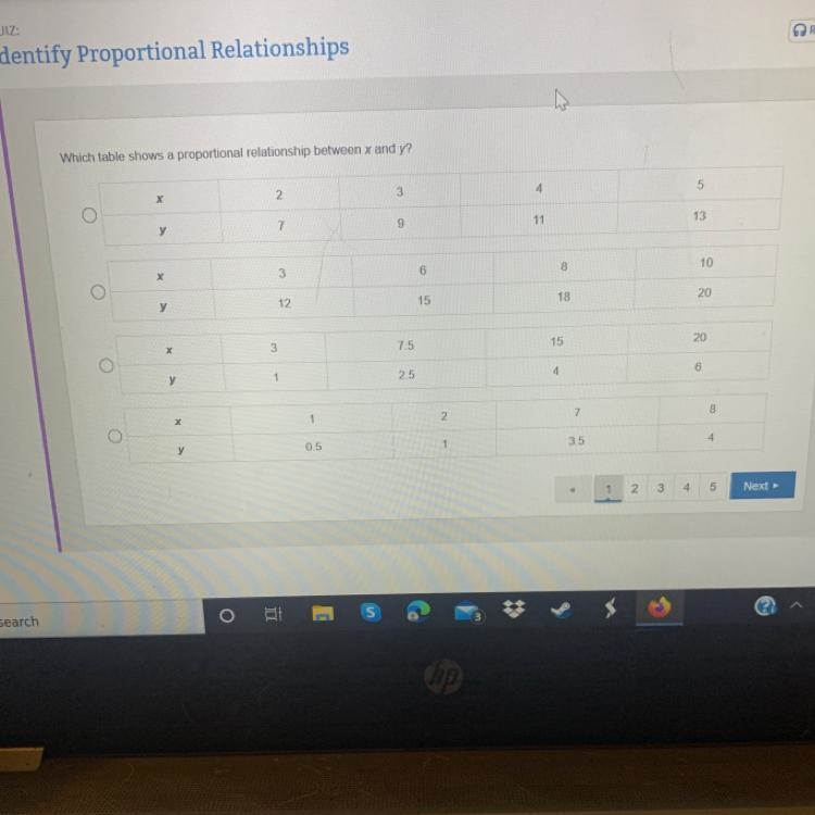 Which table shows a proportional relationship between x and y?-example-1