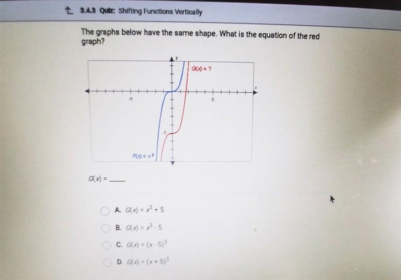 Help fast The graphs below have the same shape. What is the equation of the red graph-example-1