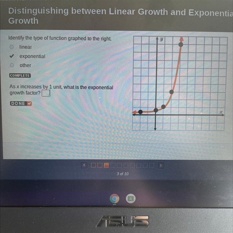 Identify the type of function graphed to the right. o linear exponential other As-example-1