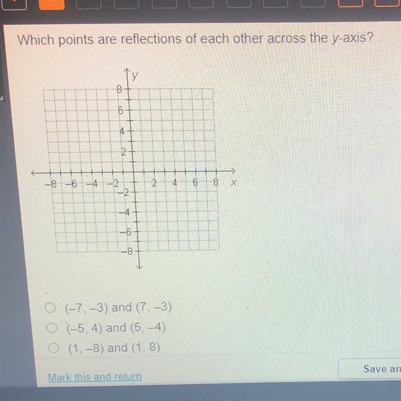 C Which points are reflections of each other across the y-axis? 8 6 1 2 24 -9 -6 -4 -2 -2 2 ܘܠܐ 6 8 x-example-1