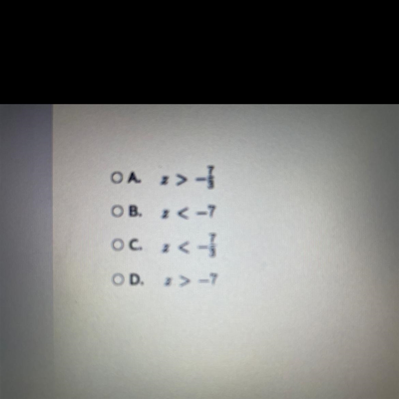 Solve the inequality below for z. 12z + 7 > 9z - 14-example-1