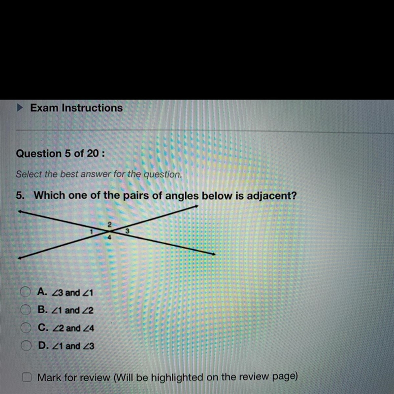 5. Which one of the pairs of angles below is adjacent? A. 23 and 21 B. 21 and 22 C-example-1