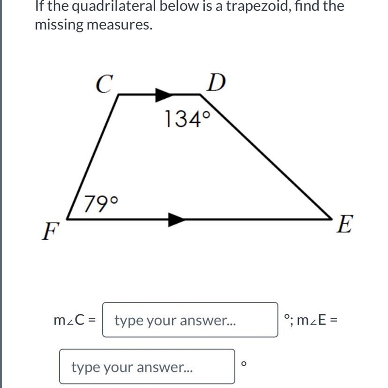 If the quadrilateral below is a trapezoid, find the missing measures.-example-1